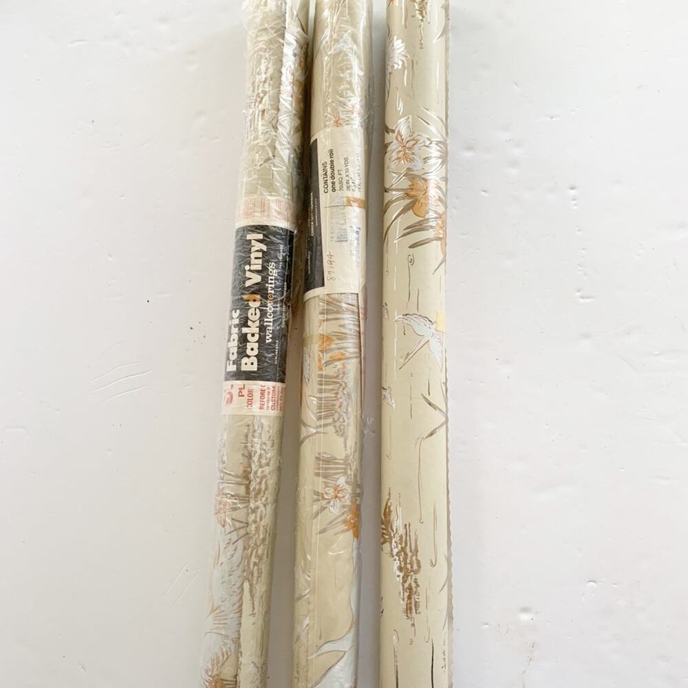 Vintage Beige Gold Crane Fabric Backed Vinyl Wallcovering SEALED x1